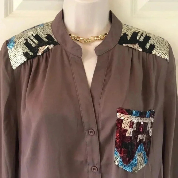 Entro brown long sleeve sequence blouse size small southwestern design - Picture 3 of 11